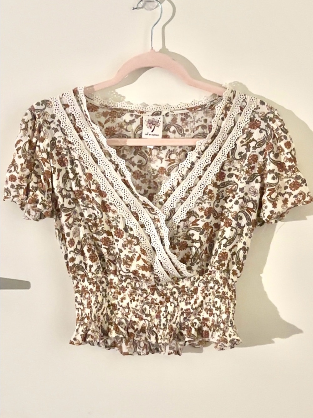 Self Esteem White Floral Crochet-Trim Smocked Crop Top